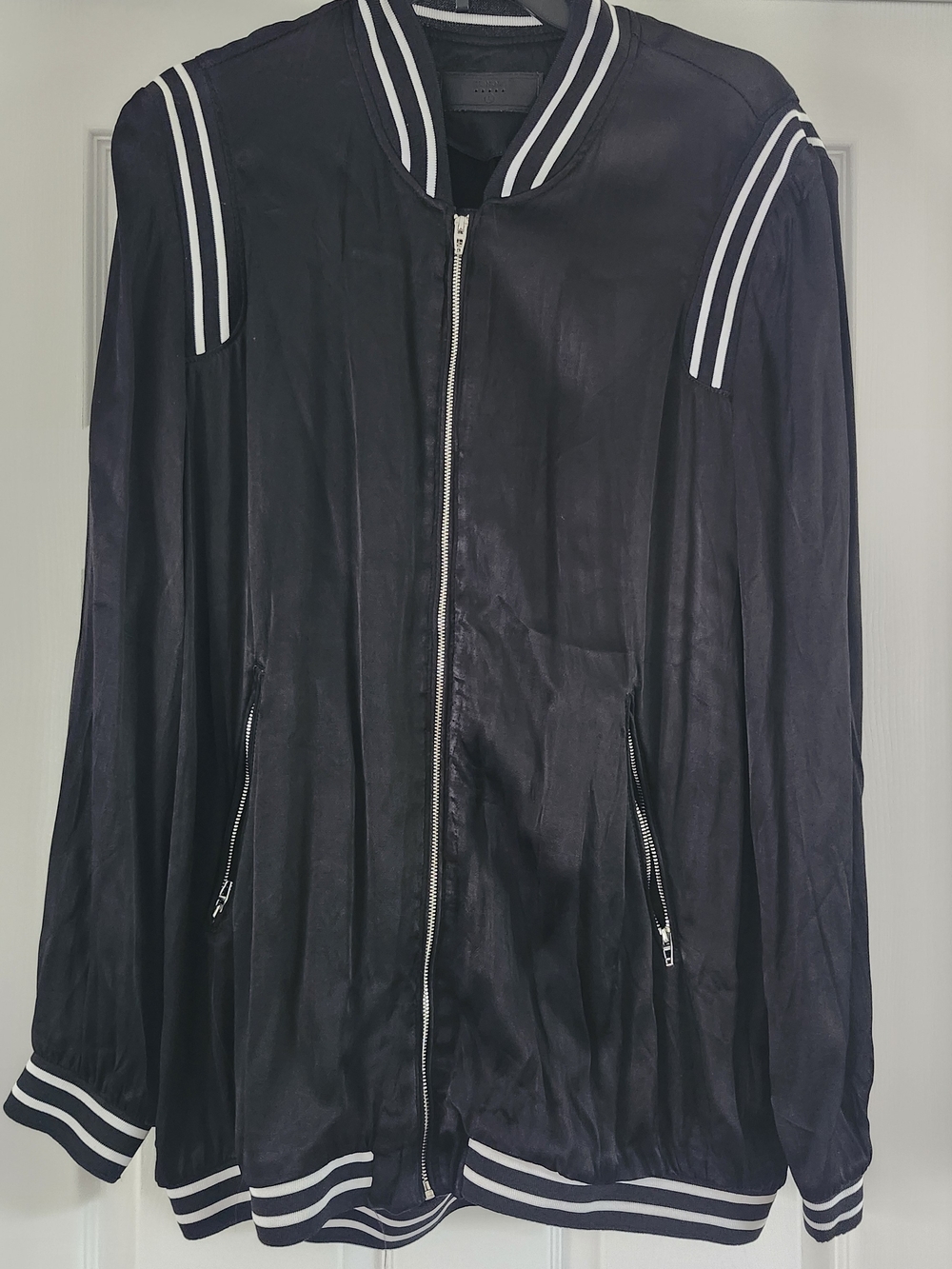 Blank NYC Black Bomber Jacket with White Stripe Trim